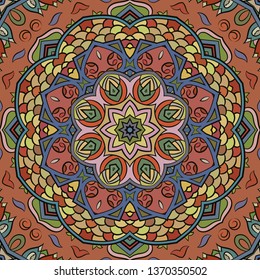 Seamless tracery tile mehndi design. Ethnic ornament, colorful doodle symmetry texture. Folk traditional spiritual tribal design. Curved doodling motif. Color art. Vector