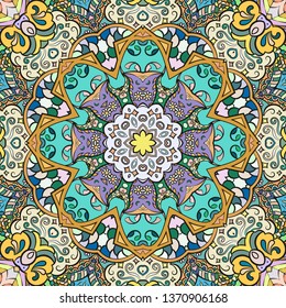 Seamless tracery tile mehndi design. Ethnic ornament, colorful doodle symmetry texture. Folk traditional spiritual tribal design. Curved doodling motif. Color art. Vector