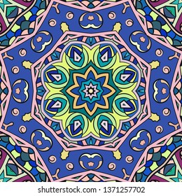 Seamless tracery tile mehndi design. Ethnic ornament, colorful doodle symmetry texture. Folk traditional spiritual tribal design. Curved doodling motif. Color art. Vector