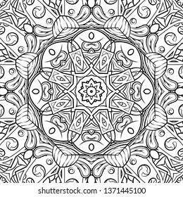 Seamless tracery tile mehndi design. Ethnic ornament, doodle symmetry texture. Folk traditional spiritual tribal design. Curved doodling motif. Binary monochrome black and white art. Vector