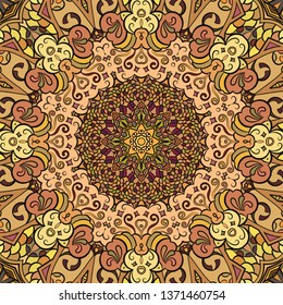 Seamless tracery tile mehndi design. Ethnic ornament, colorful doodle symmetry texture. Folk traditional spiritual tribal design. Curved doodling motif. Color art. Vector
