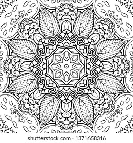 Seamless tracery tile mehndi design. Ethnic ornament, doodle symmetry texture. Folk traditional spiritual tribal design. Curved doodling motif. Binary monochrome black and white art. Vector