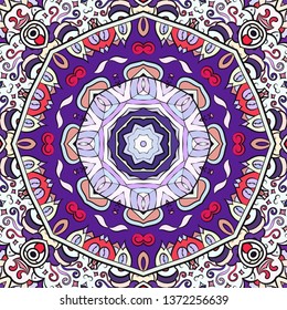 Seamless tracery tile mehndi design. Ethnic ornament, colorful doodle symmetry texture. Folk traditional spiritual tribal design. Curved doodling motif. Color art. Vector
