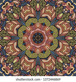 Seamless tracery tile mehndi design. Ethnic ornament, colorful doodle symmetry texture. Folk traditional spiritual tribal design. Curved doodling motif. Color art. Vector
