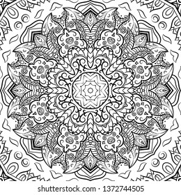 Seamless tracery tile mehndi design. Ethnic ornament, doodle symmetry texture. Folk traditional spiritual tribal design. Curved doodling motif. Binary monochrome black and white art. Vector