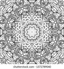 Seamless tracery tile mehndi design. Ethnic ornament, doodle symmetry texture. Folk traditional spiritual tribal design. Curved doodling motif. Binary monochrome black and white art. Vector