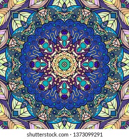 Seamless tracery tile mehndi design. Ethnic ornament, colorful doodle symmetry texture. Folk traditional spiritual tribal design. Curved doodling motif. Color art. Vector