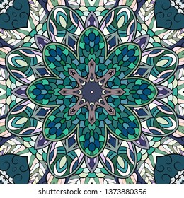 Seamless tracery tile mehndi design. Ethnic ornament, colorful doodle symmetry texture. Folk traditional spiritual tribal design. Curved doodling motif. Color art. Vector
