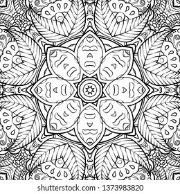 Seamless tracery tile mehndi design. Ethnic ornament, doodle symmetry texture. Folk traditional spiritual tribal design. Curved doodling motif. Binary monochrome black and white art. Vector