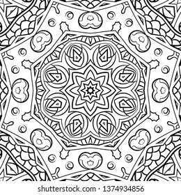 Seamless tracery tile mehndi design. Ethnic ornament, doodle symmetry texture. Folk traditional spiritual tribal design. Curved doodling motif. Binary monochrome black and white art. Vector