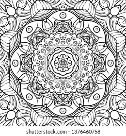 Seamless tracery tile mehndi design. Ethnic ornament, doodle symmetry texture. Folk traditional spiritual tribal design. Curved doodling motif. Binary monochrome black and white art. Vector