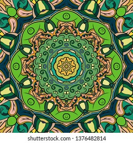 Seamless tracery tile mehndi design. Ethnic ornament, colorful doodle symmetry texture. Folk traditional spiritual tribal design. Curved doodling motif. Color art. Vector