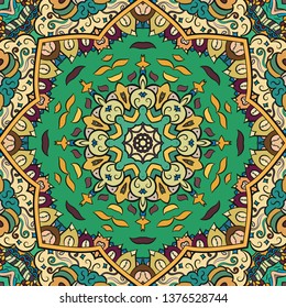 Seamless tracery tile mehndi design. Ethnic ornament, colorful doodle symmetry texture. Folk traditional spiritual tribal design. Curved doodling motif. Color art. Vector