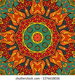 Seamless tracery tile mehndi design. Ethnic ornament, colorful doodle symmetry texture. Folk traditional spiritual tribal design. Curved doodling motif. Color art. Vector