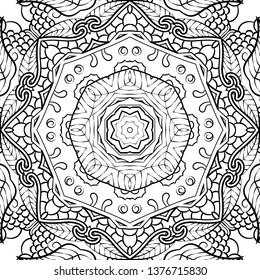 Seamless tracery tile mehndi design. Ethnic ornament, doodle symmetry texture. Folk traditional spiritual tribal design. Curved doodling motif. Binary monochrome black and white art. Vector