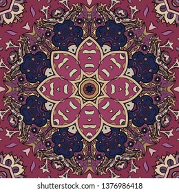 Seamless tracery tile mehndi design. Ethnic ornament, colorful doodle symmetry texture. Folk traditional spiritual tribal design. Curved doodling motif. Color art. Vector