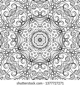 Seamless tracery tile mehndi design. Ethnic ornament, doodle symmetry texture. Folk traditional spiritual tribal design. Curved doodling motif. Binary monochrome black and white art. Vector
