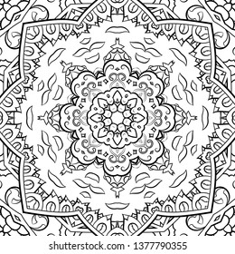 Seamless tracery tile mehndi design. Ethnic ornament, doodle symmetry texture. Folk traditional spiritual tribal design. Curved doodling motif. Binary monochrome black and white art. Vector