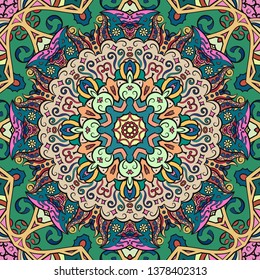 Seamless tracery tile mehndi design. Ethnic ornament, colorful doodle symmetry texture. Folk traditional spiritual tribal design. Curved doodling motif. Color art. Vector