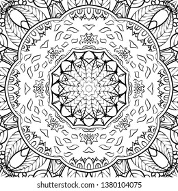 Seamless tracery tile mehndi design. Ethnic ornament, doodle symmetry texture. Folk traditional spiritual tribal design. Curved doodling motif. Binary monochrome black and white art. Vector