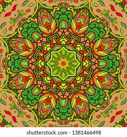 Seamless tracery tile mehndi design. Ethnic ornament, colorful doodle symmetry texture. Folk traditional spiritual tribal design. Curved doodling motif. Color art. Vector
