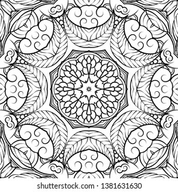 Seamless tracery tile mehndi design. Ethnic ornament, doodle symmetry texture. Folk traditional spiritual tribal design. Curved doodling motif. Binary monochrome black and white art. Vector
