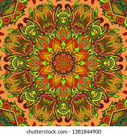 Seamless tracery tile mehndi design. Ethnic ornament, colorful doodle symmetry texture. Folk traditional spiritual tribal design. Curved doodling motif. Color art. Vector