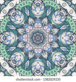 Seamless tracery tile mehndi design. Ethnic ornament, colorful doodle symmetry texture. Folk traditional spiritual tribal design. Curved doodling motif. Color art. Vector