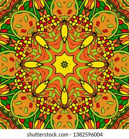 Seamless tracery tile mehndi design. Ethnic ornament, colorful doodle symmetry texture. Folk traditional spiritual tribal design. Curved doodling motif. Color art. Vector