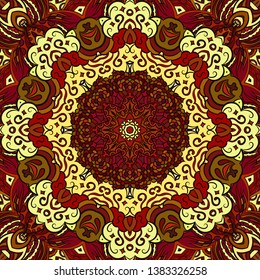 Seamless tracery tile mehndi design. Ethnic ornament, colorful doodle symmetry texture. Folk traditional spiritual tribal design. Curved doodling motif. Color art. Vector