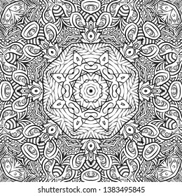 Seamless tracery tile mehndi design. Ethnic ornament, doodle symmetry texture. Folk traditional spiritual tribal design. Curved doodling motif. Binary monochrome black and white art. Vector