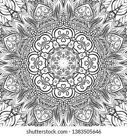 Seamless tracery tile mehndi design. Ethnic ornament, doodle symmetry texture. Folk traditional spiritual tribal design. Curved doodling motif. Binary monochrome black and white art. Vector