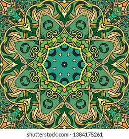 Seamless tracery tile mehndi design. Ethnic ornament, colorful doodle symmetry texture. Folk traditional spiritual tribal design. Curved doodling motif. Color art. Vector