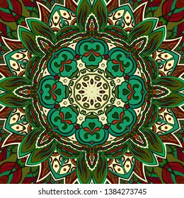 Seamless tracery tile mehndi design. Ethnic ornament, colorful doodle symmetry texture. Folk traditional spiritual tribal design. Curved doodling motif. Color art. Vector