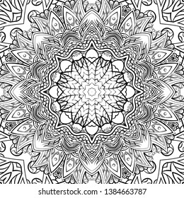 Seamless tracery tile mehndi design. Ethnic ornament, doodle symmetry texture. Folk traditional spiritual tribal design. Curved doodling motif. Binary monochrome black and white art. Vector
