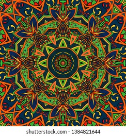 Seamless tracery tile mehndi design. Ethnic ornament, colorful doodle symmetry texture. Folk traditional spiritual tribal design. Curved doodling motif. Color art. Vector