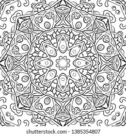 Seamless tracery tile mehndi design. Ethnic ornament, doodle symmetry texture. Folk traditional spiritual tribal design. Curved doodling motif. Binary monochrome black and white art. Vector