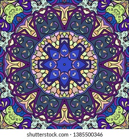Seamless tracery tile mehndi design. Ethnic ornament, colorful doodle symmetry texture. Folk traditional spiritual tribal design. Curved doodling motif. Color art. Vector