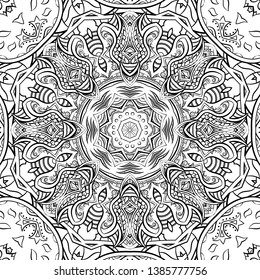 Seamless tracery tile mehndi design. Ethnic ornament, doodle symmetry texture. Folk traditional spiritual tribal design. Curved doodling motif. Binary monochrome black and white art. Vector
