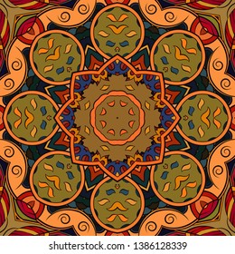 Seamless tracery tile mehndi design. Ethnic ornament, colorful doodle symmetry texture. Folk traditional spiritual tribal design. Curved doodling motif. Color art. Vector