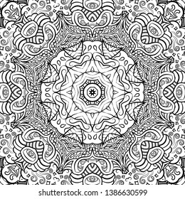 Seamless tracery tile mehndi design. Ethnic ornament, doodle symmetry texture. Folk traditional spiritual tribal design. Curved doodling motif. Binary monochrome black and white art. Vector