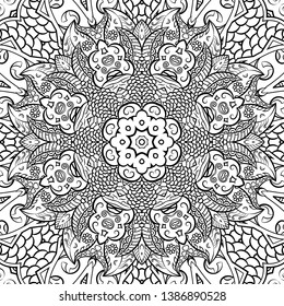 Seamless tracery tile mehndi design. Ethnic ornament, doodle symmetry texture. Folk traditional spiritual tribal design. Curved doodling motif. Binary monochrome black and white art. Vector