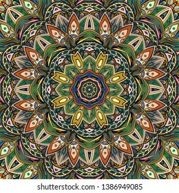 Seamless tracery tile mehndi design. Ethnic ornament, colorful doodle symmetry texture. Folk traditional spiritual tribal design. Curved doodling motif. Color art. Vector