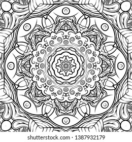 Seamless tracery tile mehndi design. Ethnic ornament, doodle symmetry texture. Folk traditional spiritual tribal design. Curved doodling motif. Binary monochrome black and white art. Vector