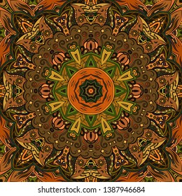 Seamless tracery tile mehndi design. Ethnic ornament, colorful doodle symmetry texture. Folk traditional spiritual tribal design. Curved doodling motif. Color art. Vector