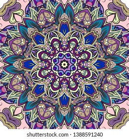 Seamless tracery tile mehndi design. Ethnic ornament, colorful doodle symmetry texture. Folk traditional spiritual tribal design. Curved doodling motif. Color art. Vector