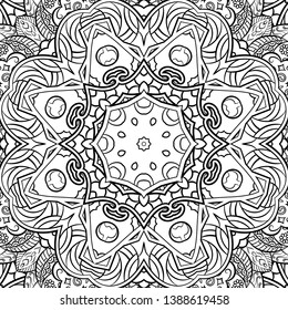 Seamless tracery tile mehndi design. Ethnic ornament, doodle symmetry texture. Folk traditional spiritual tribal design. Curved doodling motif. Binary monochrome black and white art. Vector