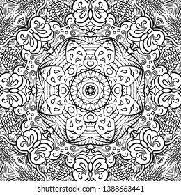 Seamless tracery tile mehndi design. Ethnic ornament, doodle symmetry texture. Folk traditional spiritual tribal design. Curved doodling motif. Binary monochrome black and white art. Vector