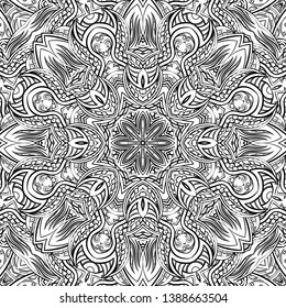 Seamless tracery tile mehndi design. Ethnic ornament, doodle symmetry texture. Folk traditional spiritual tribal design. Curved doodling motif. Binary monochrome black and white art. Vector