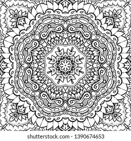 Seamless tracery tile mehndi design. Ethnic ornament, doodle symmetry texture. Folk traditional spiritual tribal design. Curved doodling motif. Binary monochrome black and white art. Vector